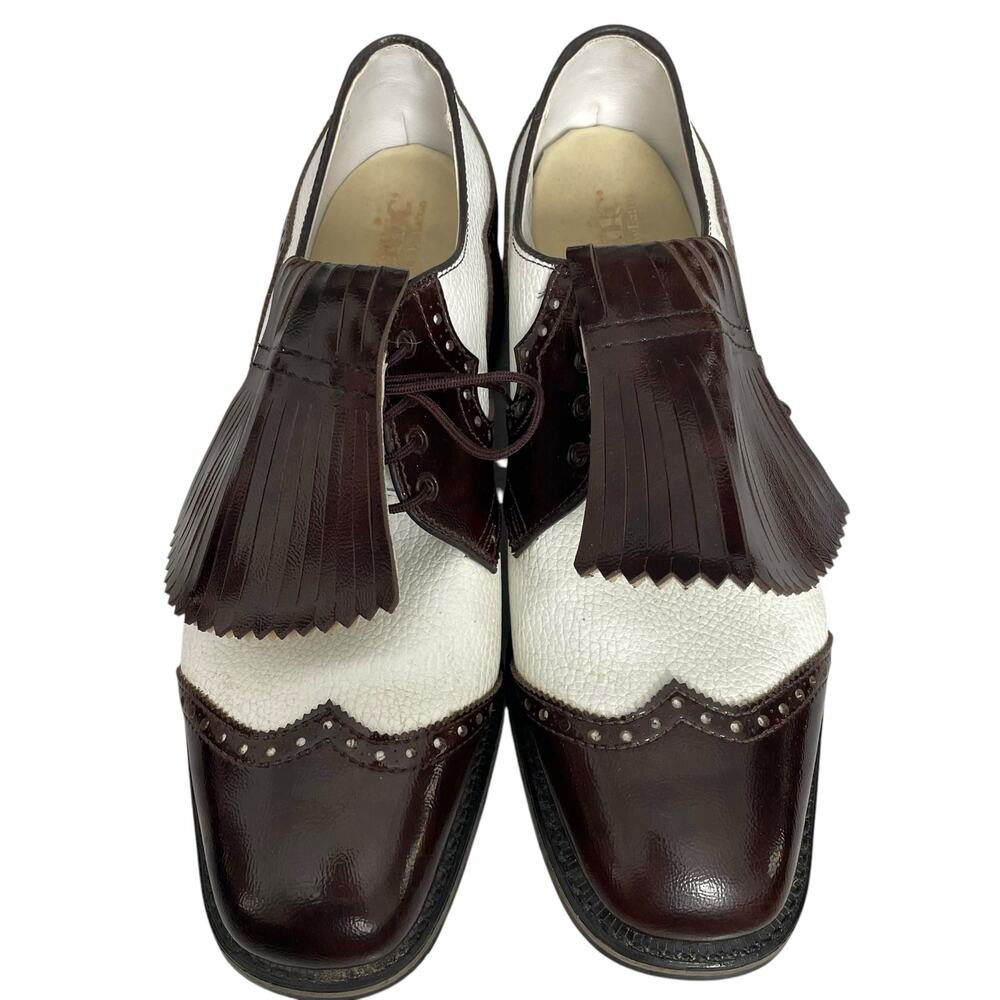 Vintage Etonic Wingtip Golf Shoes Men 11.5 D Metal Spikes Leather Brown White